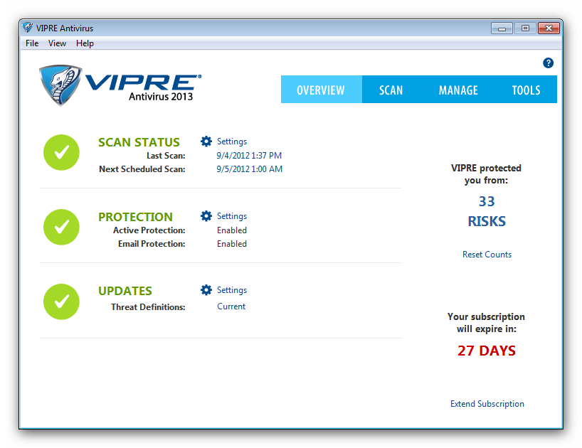 Úvodná obrazovka antiviru VIPRE Antivirus